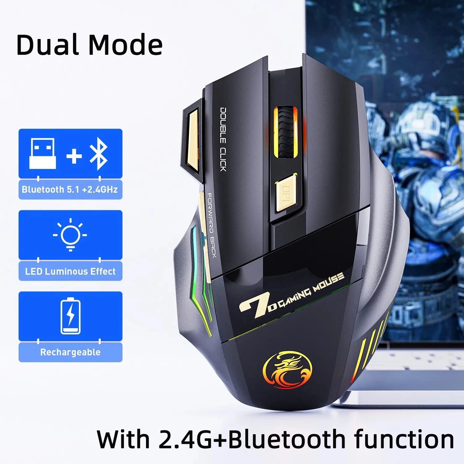 Dual Mode Rechargeable Bluetooth LED Mouse
